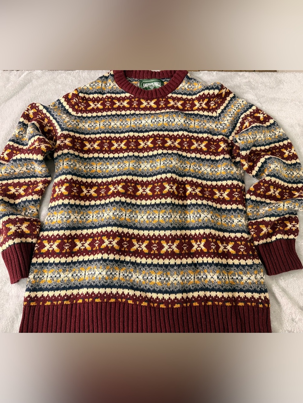 American Eagle - Retro Men's Maroon Fair Isle Crewneck Sweater